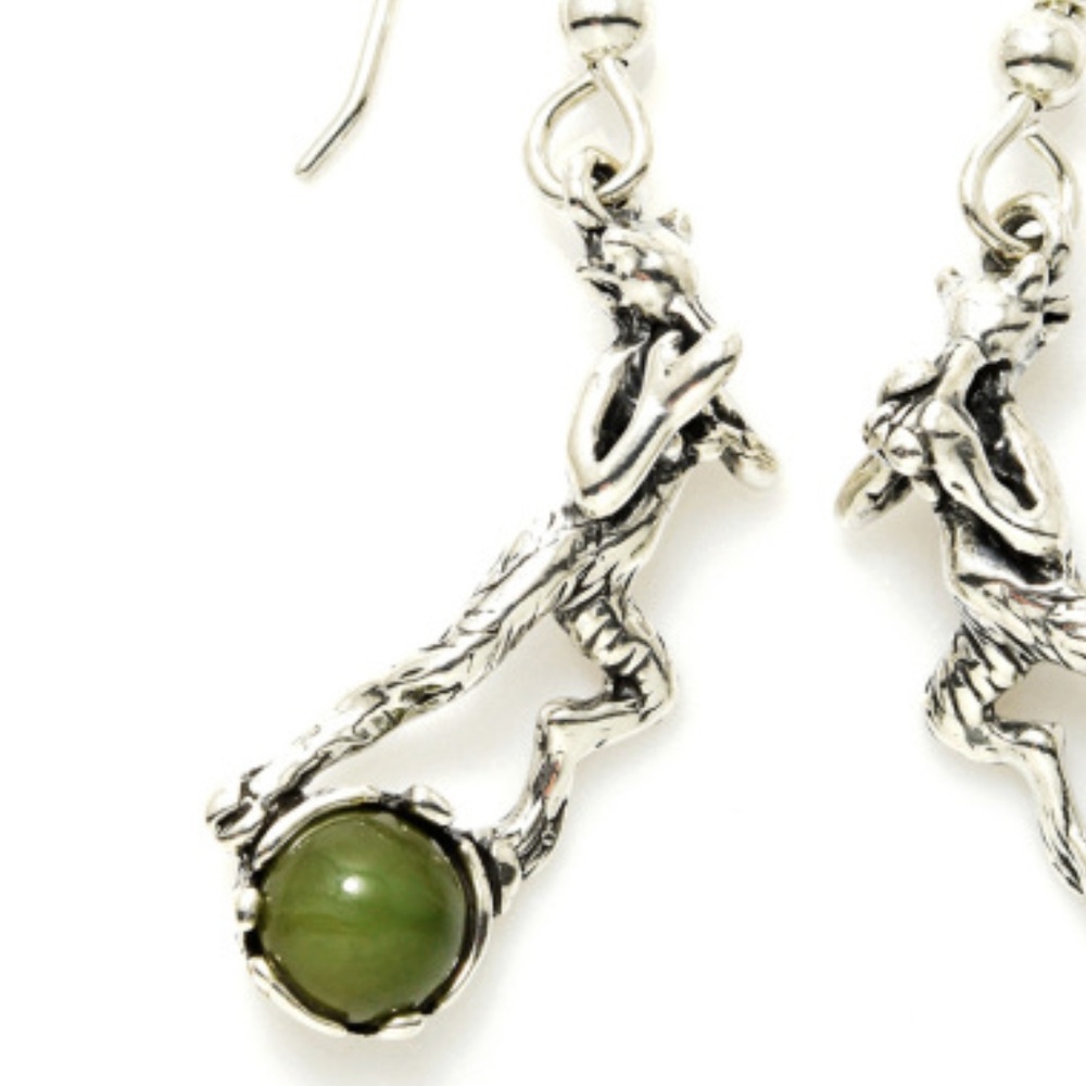 Pan Dancer Music Earrings .925 Sterling Silver w/ genuine Jade gems Made in USA - Picture 2 of 2